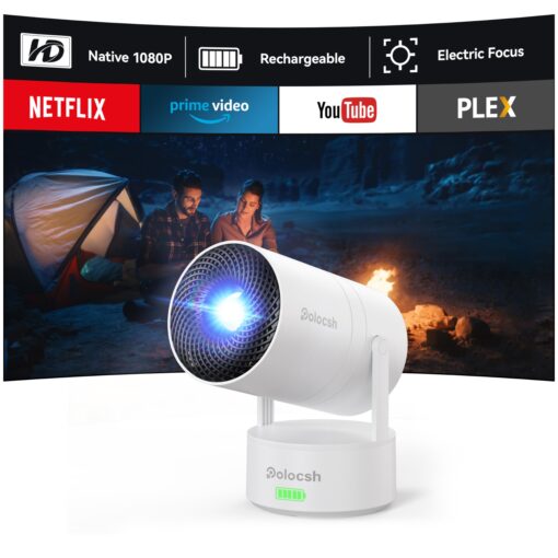 Polocsh Mini Projector, Rechargeable Portable Outdoor Smart Projector with 4K Support, Auto Keystone, Android 11 Small Projector with WiFi and Bluetooth, Electric Focus Home Theater for iphone