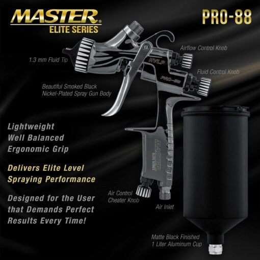 Master Elite Performance PRO-88 Series HVLP Spray Gun with 1.3mm Tip with Air Pressure Regulator Gauge, MPS Cup Adapter - Ideal for Automotive Basecoats, Clearcoats - Advanced Atomization - Image 5