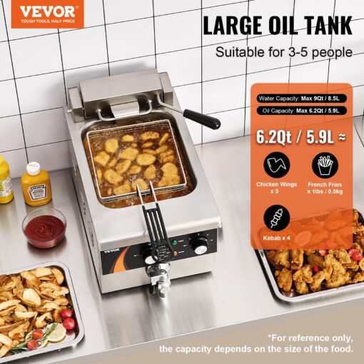 VEVOR Commercial Deep Fryer, 1750W Electric Countertop Fryer with Basket, 9Qt /8.5 L Single Oil Fryer, 1mm Thickened Stainless Steel, Time & Temp Control, for Kitchen Restaurant Use, Silver - Image 9