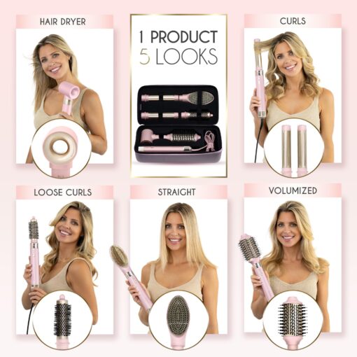 ELLA BELLA® 6 in 1 Professional Hot Air Styler • Powerful Hair Dryer & Straightener Set • Styling Without Heat Damage • Fast Drying Curling Volumizing Straightening • Protective Travel Case (Pink) - Image 6