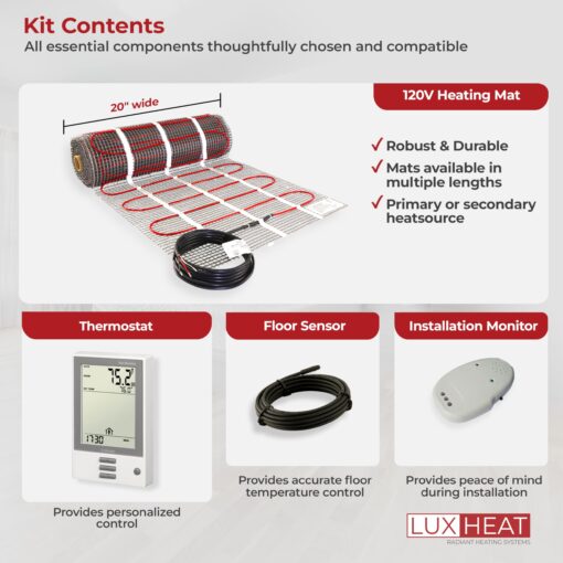 LuxHeat 20sqft Floor Heating Mat Kit - 120v In Floor Heating System - Complete Electric Radiant Heated Flooring System Includes Alarm, UDG Programmable Thermostat w/GFCI & Flooring Sensor - Image 3