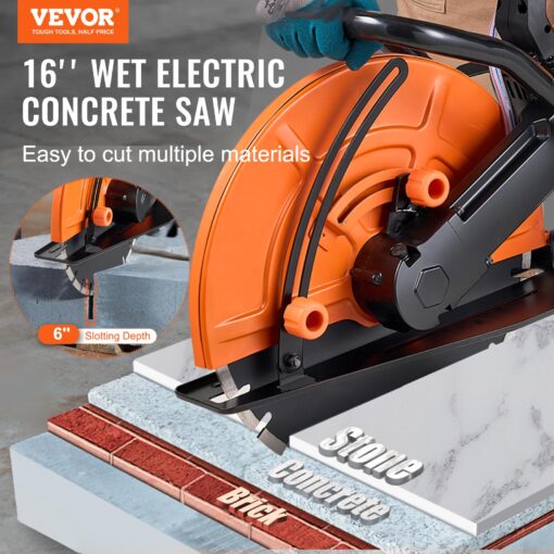 VEVOR Electric Concrete Saw, 16 in, 3200 W 15 A Motor Circular Saw Cutter with Max. 6 in Adjustable Cutting Depth, Wet Disk Saw Cutter Includes Water Line, Pump and Blade, for Stone, Brick Orange - Image 9
