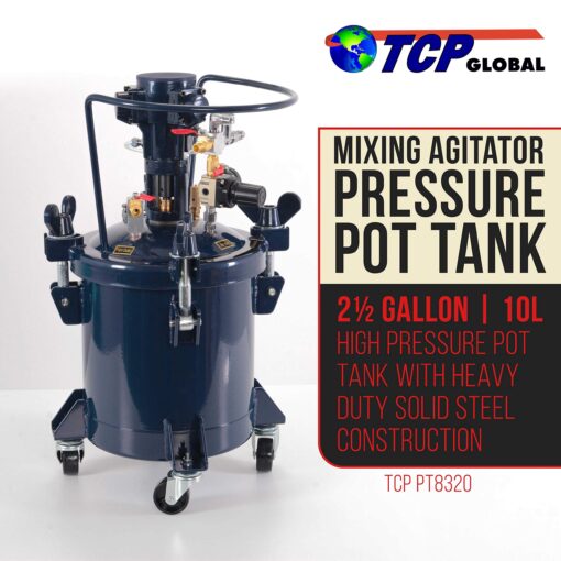 TCP Global 2-1/2 Gallon - 10 Liter Pressure Pot Paint Tank: Heavy Duty Solid Steel, Clamp on Lid with Air-Powered Mixing Agitator, Regulator & Pressure Gauge - Large Volume Painting & Autobody - Image 7