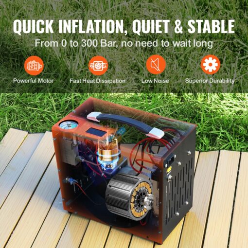 VEVOR PCP Air Compressor, 4500PSI/30Mpa Portable PCP Airgun Compressor with Built-in Power Converter, Auto-Stop | DC12V/AC120V | Oil & Water-Free Air Rifle, Paintball and Scuba Tank Compressor Pump - Image 9