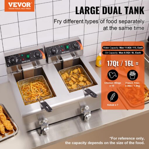 VEVOR Commercial Deep Fryer, Dual Tank 3000W Electric Countertop Fryer with Basket, 2 x 11.6Qt/11L Double Stainless Steel Oil Fryer with Drain, Time & Temp Control, for Kitchen Restaurant Use - Image 9