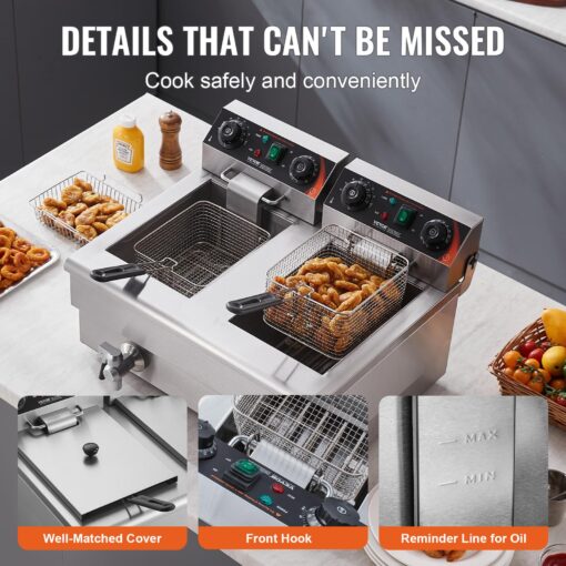 VEVOR Commercial Deep Fryer, Dual Tank 3000W Electric Countertop Fryer with Basket, 2 x 11.6Qt/11L Double Stainless Steel Oil Fryer with Drain, Time & Temp Control, for Kitchen Restaurant Use - Image 5
