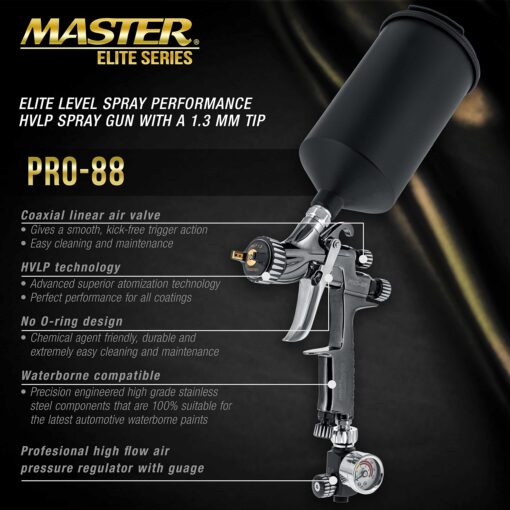 Master Elite Performance PRO-88 Series HVLP Spray Gun with 1.3mm Tip with Air Pressure Regulator Gauge, MPS Cup Adapter - Ideal for Automotive Basecoats, Clearcoats - Advanced Atomization - Image 6