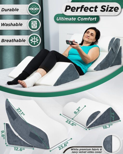 Lunix 4pcs Orthopedic Bed Wedge Pillow Set, Post Surgery Memory Foam for Back, Knee, Leg Pain Relief, Adjustable Sitting Pillow for Sleeping, Acid Reflux, GERD, with Hot Cold Pack, Navy for Kids - Image 9