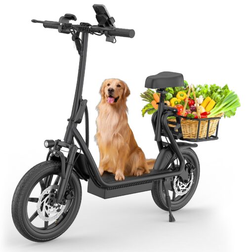 VOLPAM Electric Scooter, 350W/500W Motor, Max 21-28 Miles Range, 19/21 Mph Top Speed, 8.5''/10''/14'' Tires, Dual Braking, Kick Scooter, 2 Wheels and Height Handlebars (27Miles-500W-With Seat)