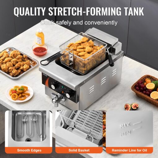 VEVOR Commercial Deep Fryer, 1750W Electric Countertop Fryer with Basket, 9Qt /8.5 L Single Oil Fryer, 1mm Thickened Stainless Steel, Time & Temp Control, for Kitchen Restaurant Use, Silver - Image 5