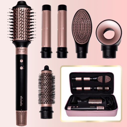 ELLA BELLA® 6 in 1 Professional Hot Air Styler • Powerful Hair Dryer & Straightener Set • Styling Without Heat Damage • Fast Drying Curling Volumizing Straightening • Includes Protective Travel Case