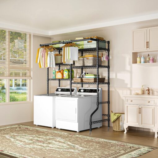 Ulif U13 Over Washer and Dryer Storage Shelves, 6 Tiers Laundry Room Standing Shelf with 2 Hanger Rods, Space Saver Clothes Drying Rack, 63.4" W x 22" D x 77.4" H, Black - Image 5