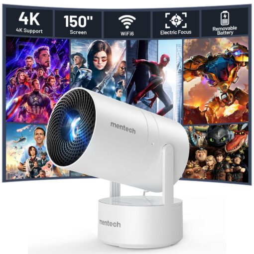 Mini Projector with WiFi and Bluetooth, 4K Decoding, 1080P Supported, 270 Rotatable, 150'' Screen, Auto Keystone, Home & Outdoor, Portable, Smart Projector, White