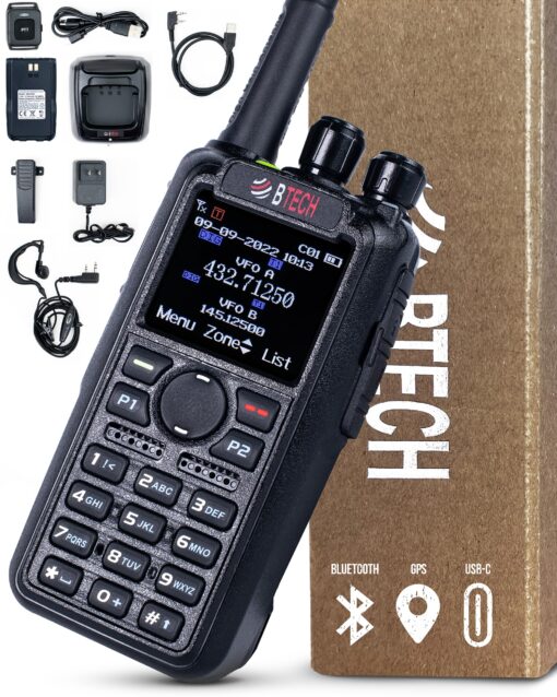 BTECH DMR-6X2 PRO DMR & Analog Two-Way Radio (Bluetooth + GPS) USB-C Battery – 7W VHF/UHF (136-174MHz & 400-480MHz), Encryption, Talker Alias, APRS, Roaming, Voice Recording, with Accessory Kit