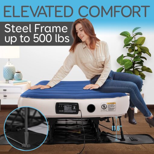 SereneLife EZ Bed Air Mattress with Frame and Rolling Case, Self-Inflating Airbed with Built in Pump for Travel and Hosting, Twin - Image 2