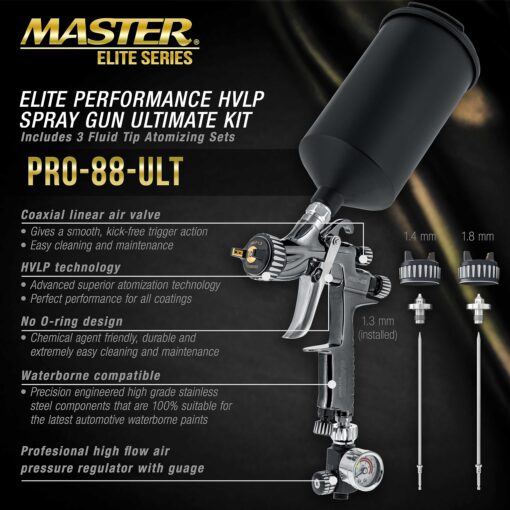 Master Elite Performance PRO-88 Series HVLP Spray Gun Ultimate Kit with 3 Fluid Tip Sets 1.3, 1.4 and 1.8mm and Air Pressure Regulator Gauge, MPS Cup Adapter - Automotive Basecoats, Clearcoats - Image 6