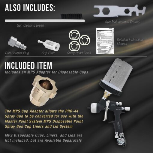 Master Elite High Performance PRO-44 Series HVLP Spray Gun Ultimate Kit with 4 Fluid Tip Sets 1.3, 1.4, 1.5 and 1.8mm and Air Pressure Regulator Gauge - Automotive Basecoats, Clearcoats, Primers - Image 4