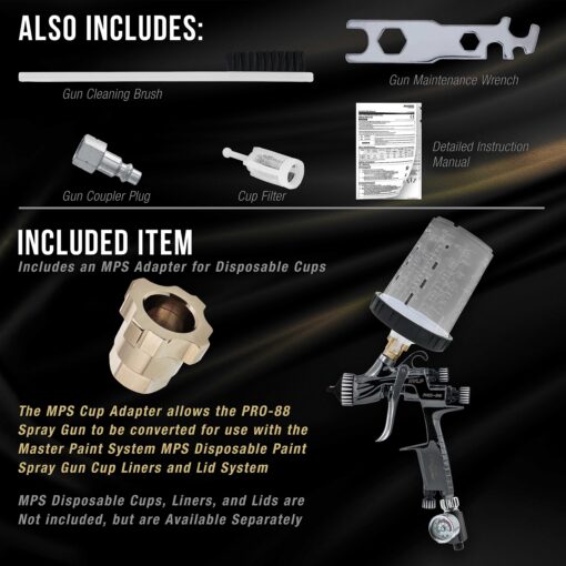 Master Elite Performance PRO-88 Series HVLP Spray Gun Ultimate Kit with 3 Fluid Tip Sets 1.3, 1.4 and 1.8mm and Air Pressure Regulator Gauge, MPS Cup Adapter - Automotive Basecoats, Clearcoats - Image 4