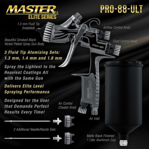 Master Elite Performance PRO-88 Series HVLP Spray Gun Ultimate Kit with 3 Fluid Tip Sets 1.3, 1.4 and 1.8mm and Air Pressure Regulator Gauge, MPS Cup Adapter - Automotive Basecoats, Clearcoats - Image 5