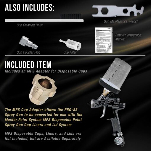 Master Elite Performance PRO-88 Series HVLP Spray Gun with 1.3mm Tip with Air Pressure Regulator Gauge, MPS Cup Adapter - Ideal for Automotive Basecoats, Clearcoats - Advanced Atomization - Image 4