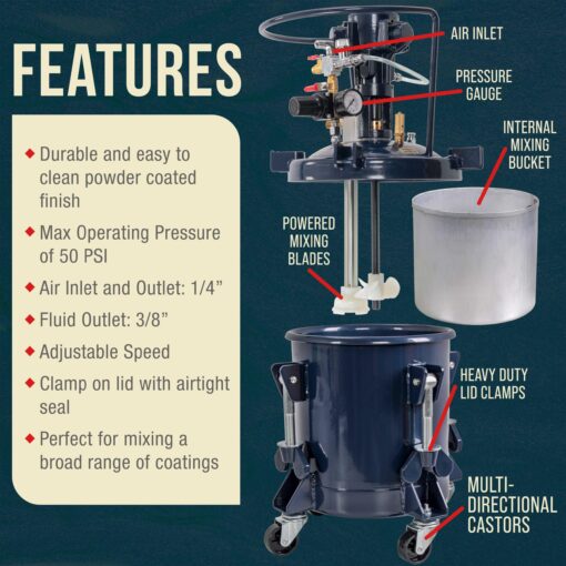 TCP Global 2-1/2 Gallon - 10 Liter Pressure Pot Paint Tank: Heavy Duty Solid Steel, Clamp on Lid with Air-Powered Mixing Agitator, Regulator & Pressure Gauge - Large Volume Painting & Autobody - Image 6