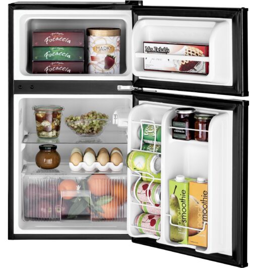 GE Mini Fridge With Freezer | 3.1 Cubic Ft. | Double-Door Design With Glass Shelves, Crisper Drawer & Spacious Freezer | Small Refrigerator Perfect for the Garage, Dorm Room, or Bedroom | Black - Image 3