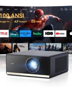 [1100 ANSI & Google TV] Wanbo X5 Pro 4K Projector with WiFi and Bluetooth, Home Outdoor Movie Proyector, Auto Focus & Keystone, 26dB Low Noise, Native 1080P, Smart Projector with Netflix & Google Play