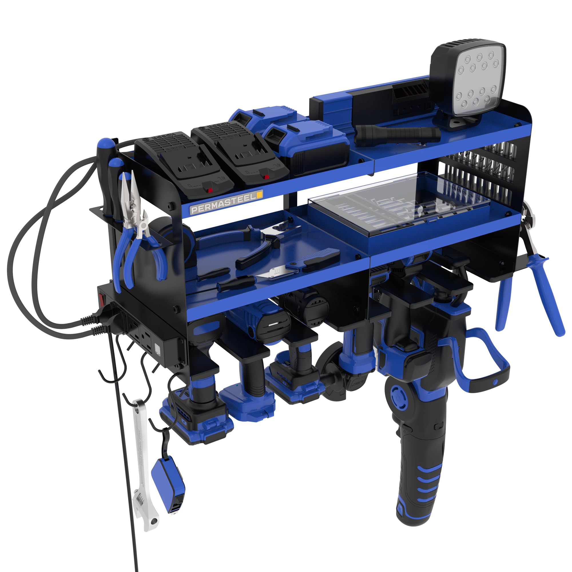 Permasteel Power Tool Organizer Wall Mount - 150 Lbs Load 3-Layer Heavy Duty Metal Tool Storage Rack with Charging Station, 6 Drill Holders for Garage, Workbench and Workshop, Blue