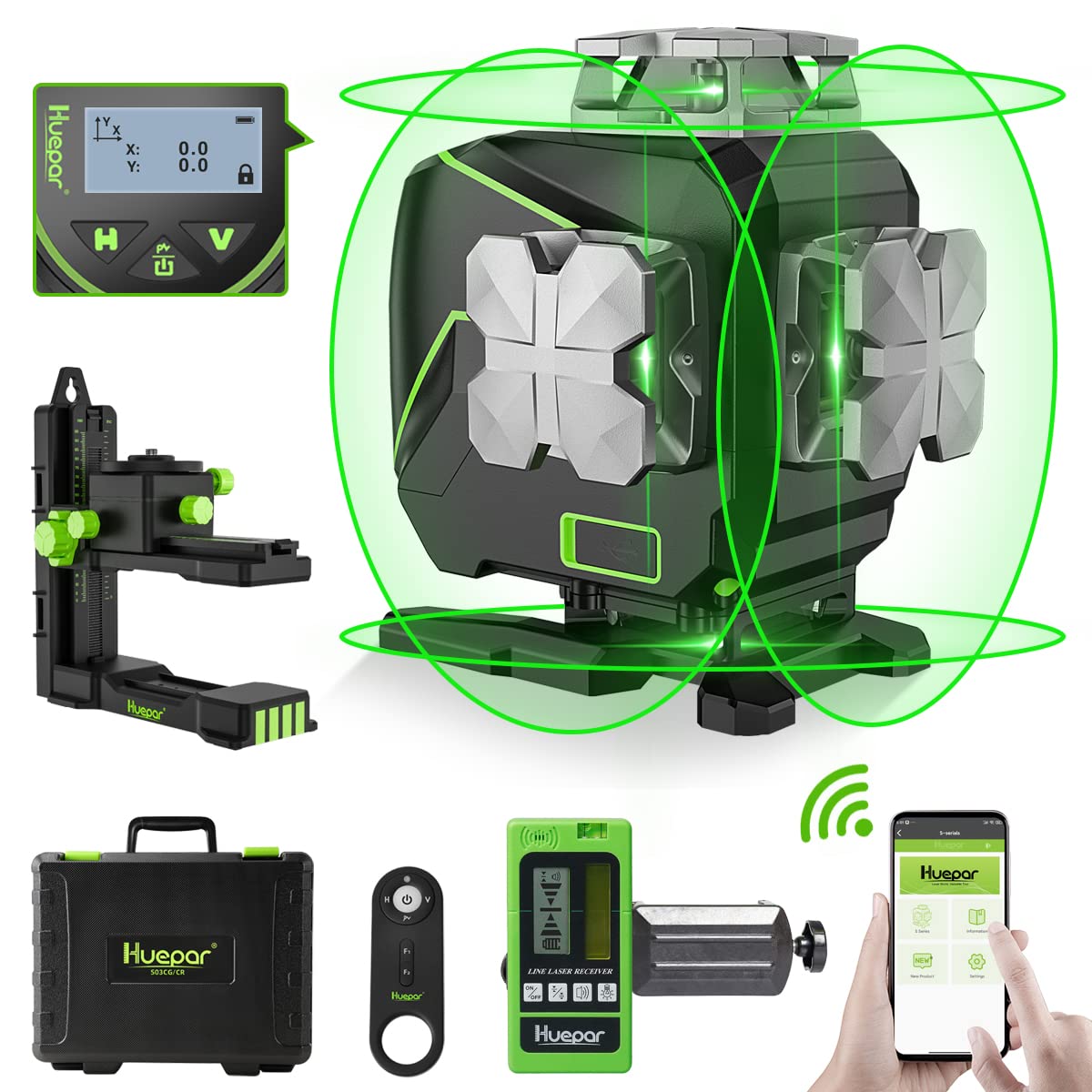 Huepar 16 Lines Self Leveling Laser Level 4x360° Cross Line Laser with Receiver -LCD Screen, 4D Bluetooth Green Beam Tiling Floor Laser Tool, 360° Horizontal/Vertical Laser Kit -Remote Control S04-5RG