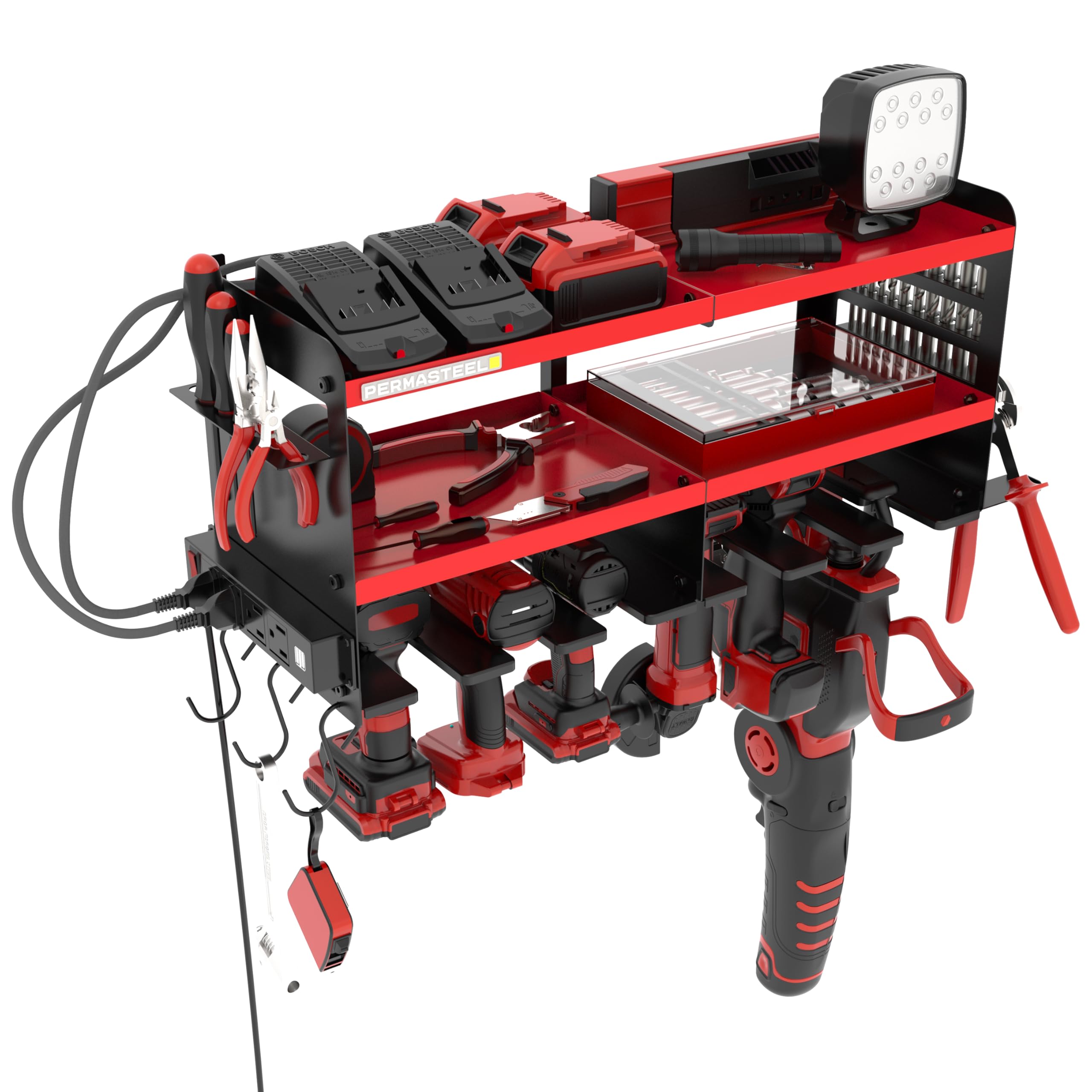 Permasteel Power Tool Organizer Wall Mount - 150 Lbs Load 3-Layer Heavy Duty Metal Tool Storage Rack with Charging Station, 6 Drill Holders for Garage, Workbench and Workshop, Red